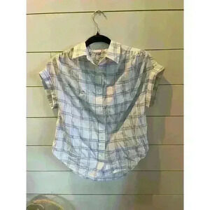 Japna Lavender and Cream Plaid Cap Sleeve Button Down Top, XS